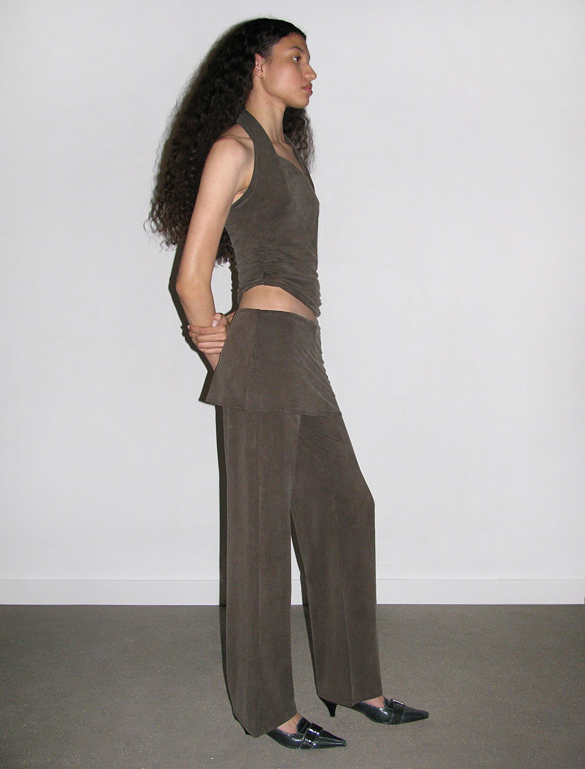 ALEXIA- Brown stitched cupro pants and mini-skirt piece 
