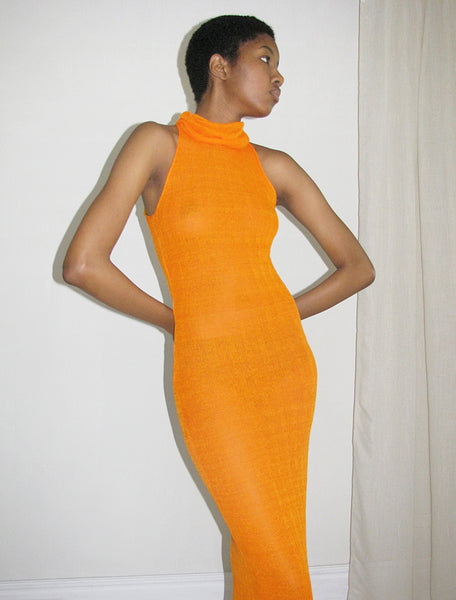 DELY Orange draped high neck long dress