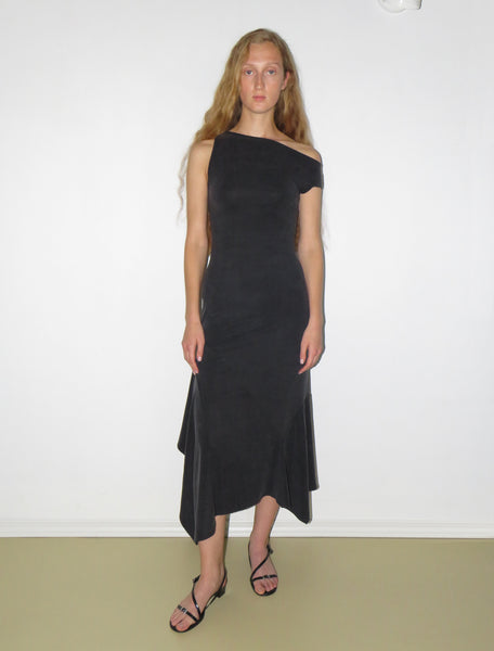 YAUSI-Black viscose long dress with asymmetric shoulders and
