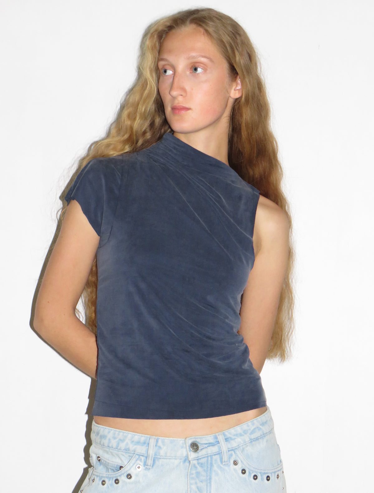 ELVIRA- Navy asymmetric sleeve, soft-neck cupro top