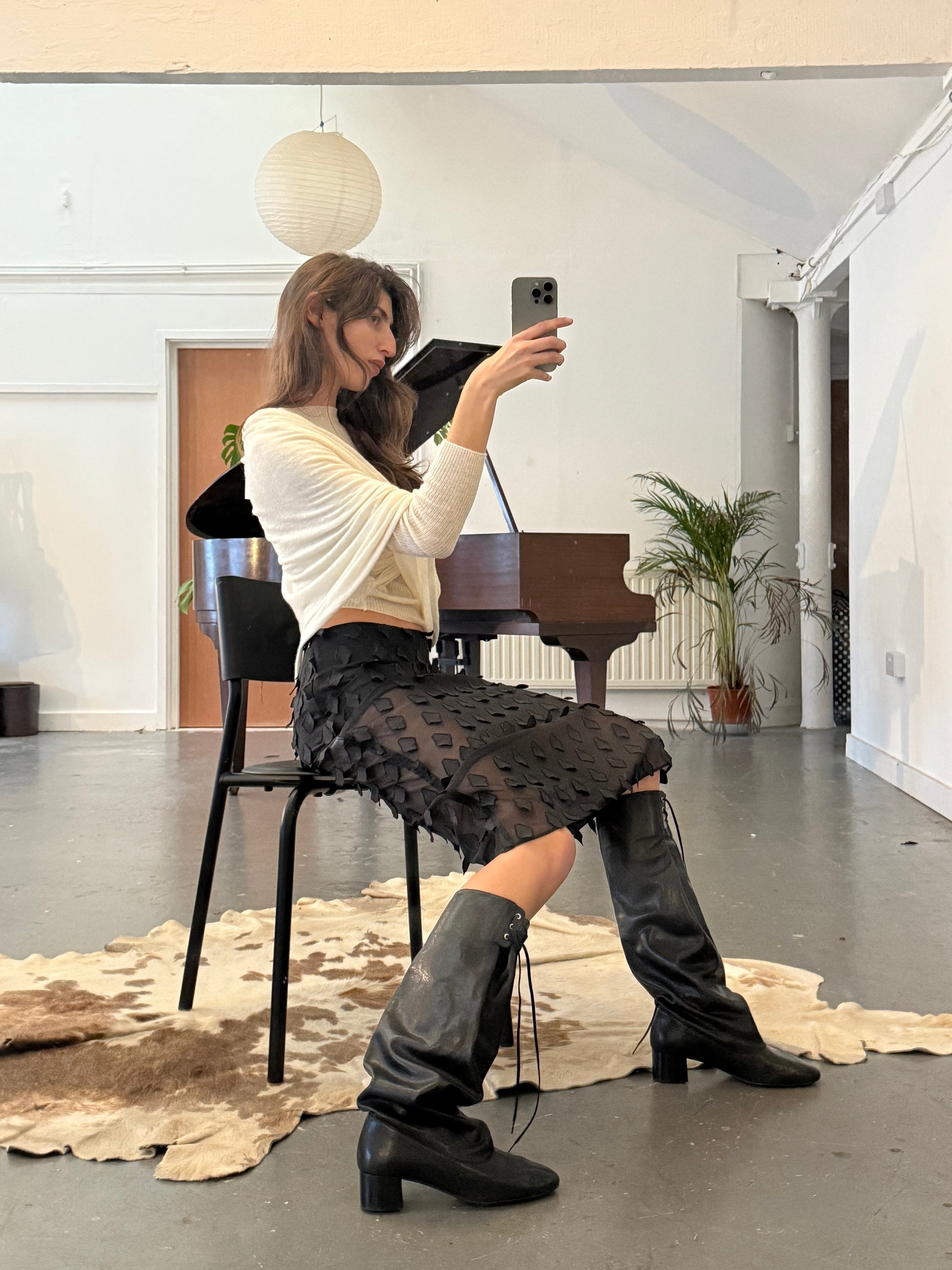 Tris sheer midi skirt petal shaped tabs detail black