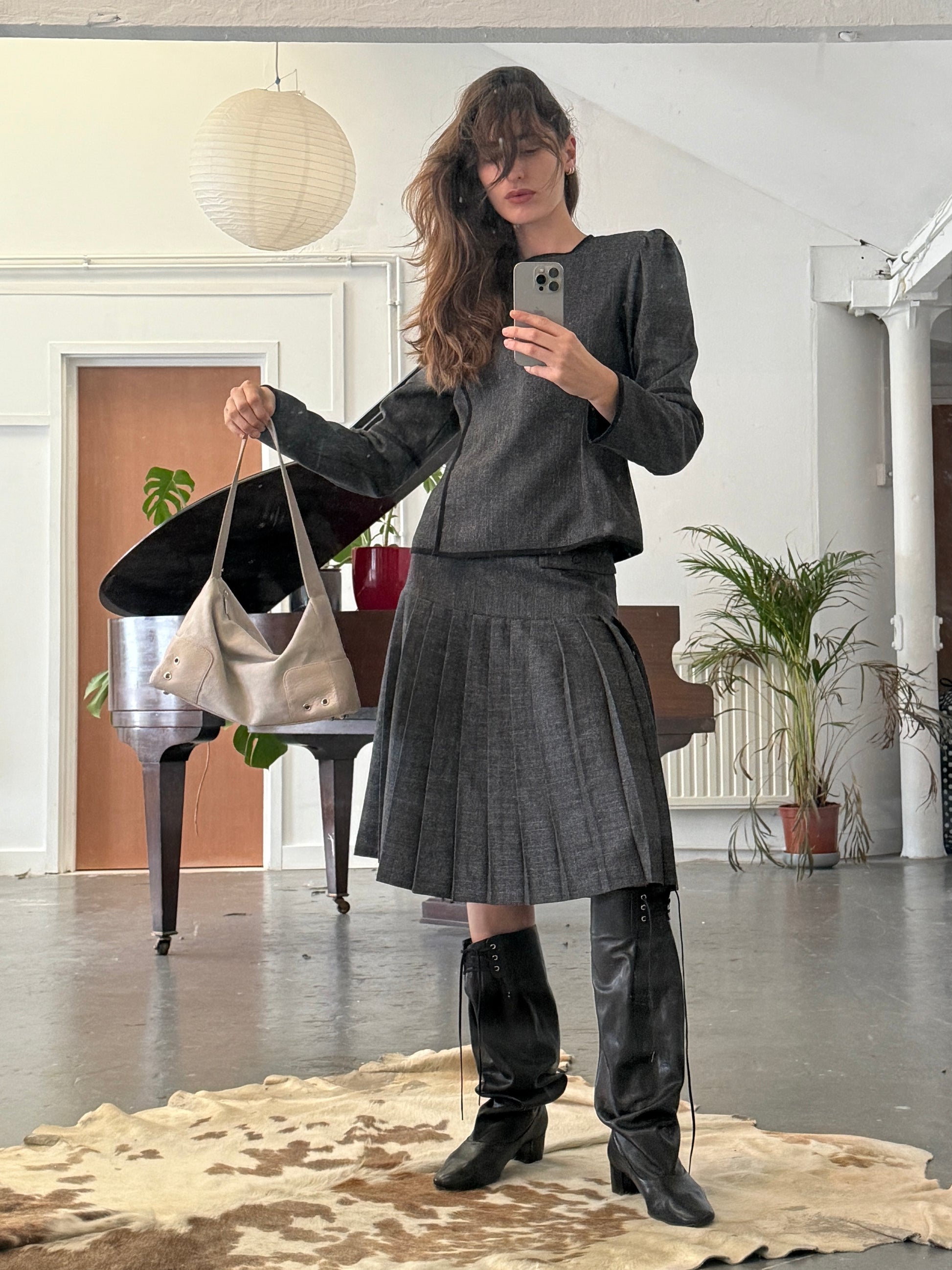 Plugin midi pleated wool skirt grey