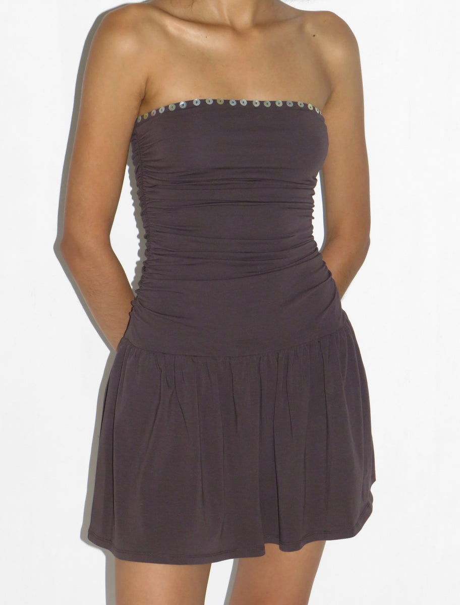 JAYNE-Stretchy bandeau dress with ruched sides and skirt.