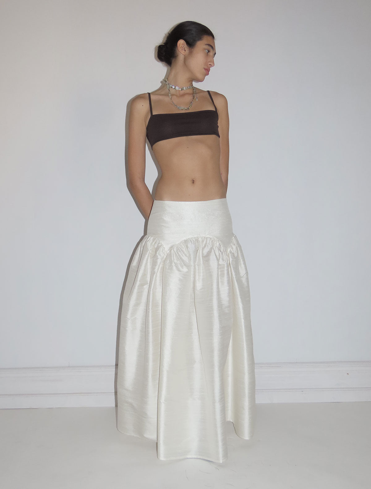 Pallon low waist silk puffy skirt white