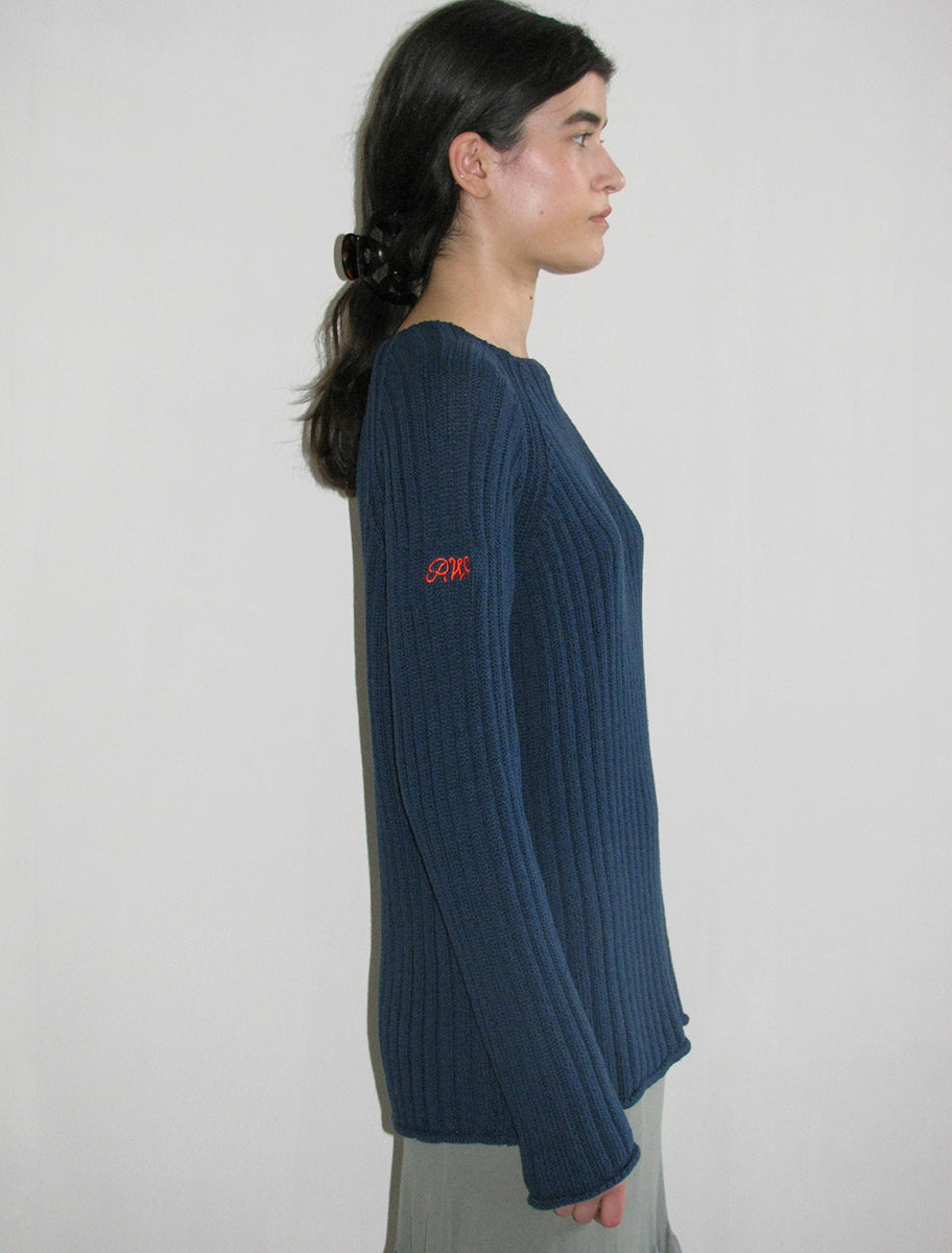 SHIITAKE- Navy thick ribbed sweater with irregular bottom detail