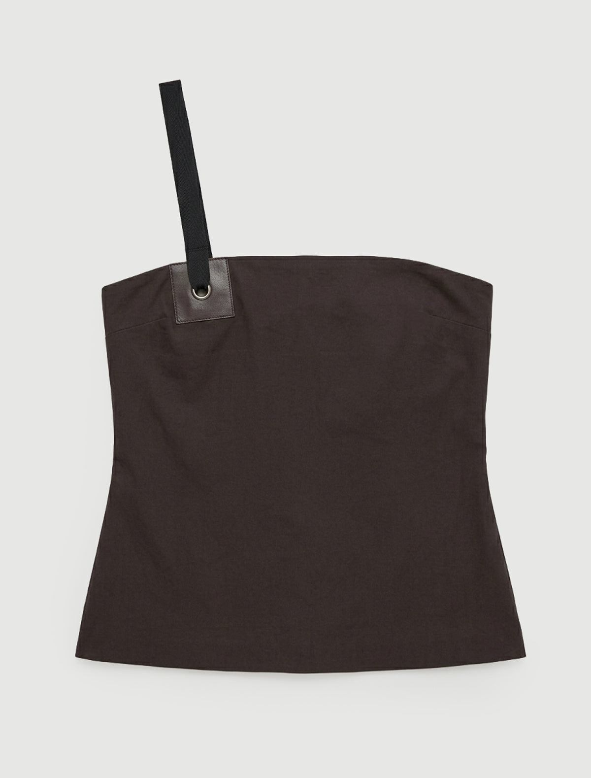 LALI-Dark brown bandeau top featuring a leather detail with an