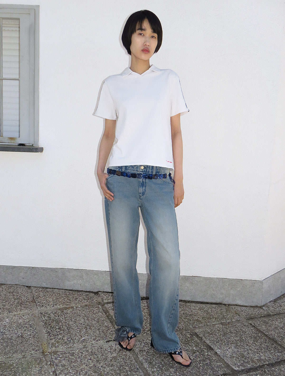 BEERHOST- White retro polo neck t-shirt with sport-type