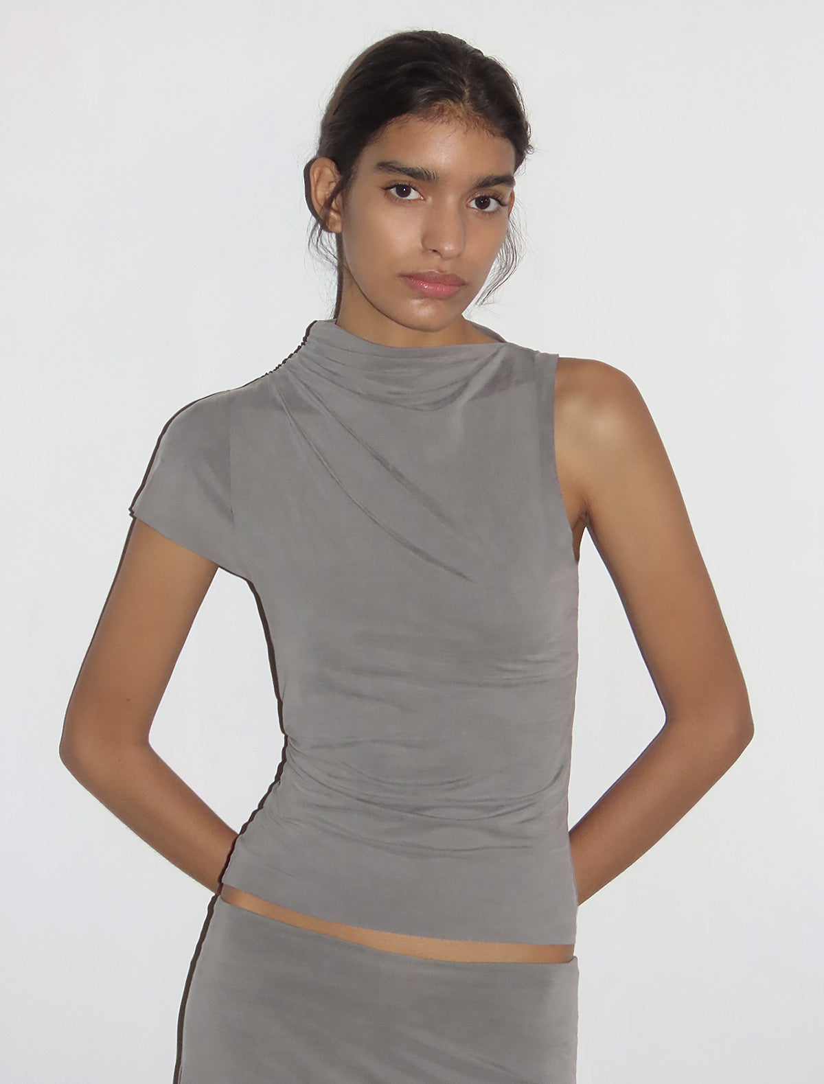 ELVIRA- Grey asymmetric sleeve, soft-neck cupro top