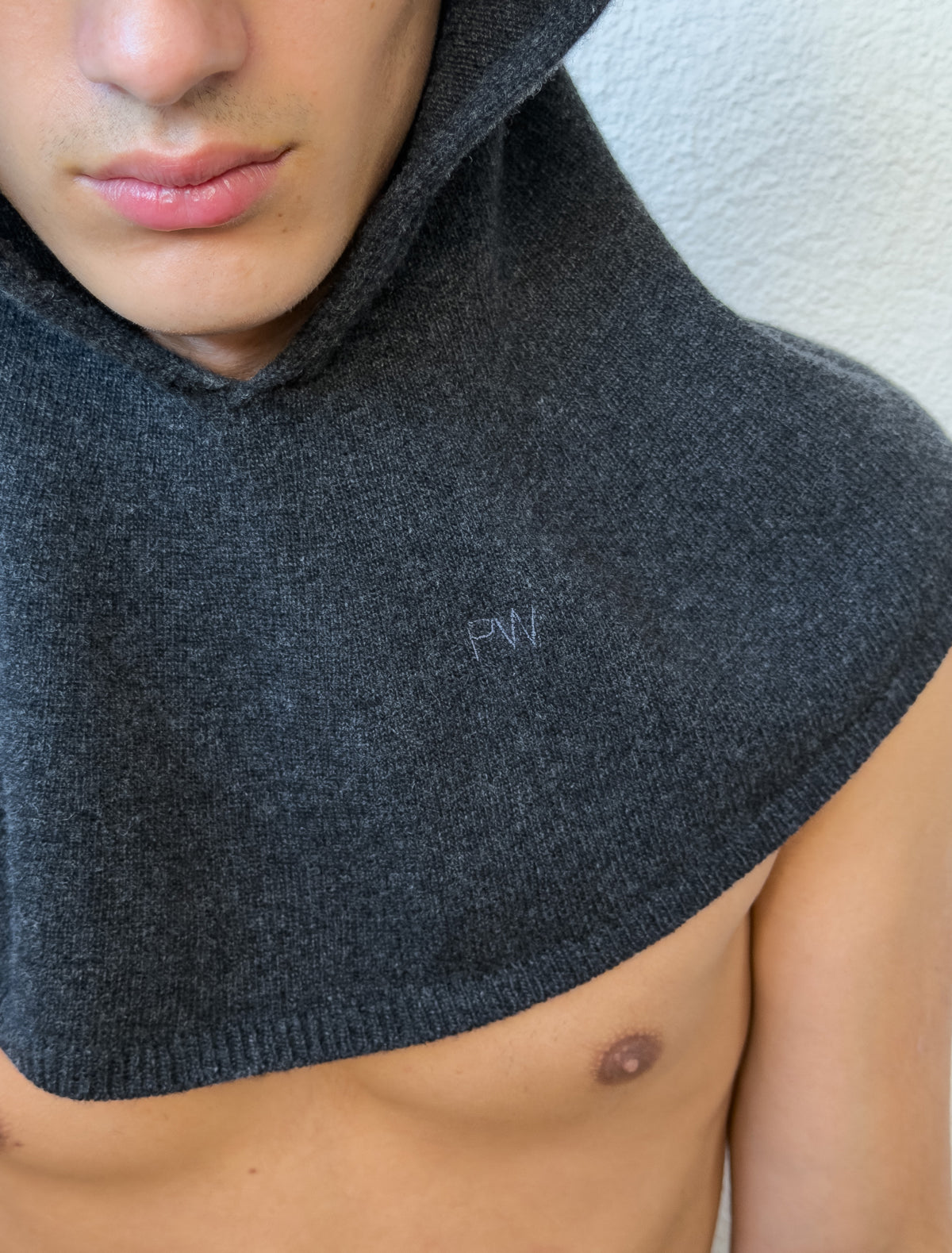 Lucia hood adjustable drawstring embroidery detail men grey