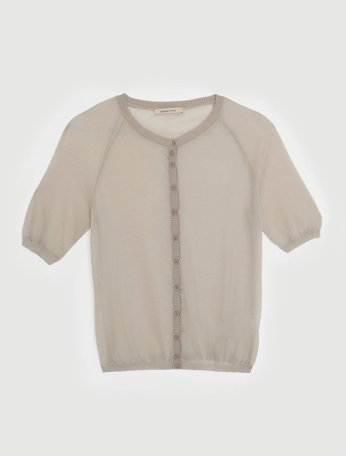 PATINELA-Beige short-sleeve knit cardigan with front button