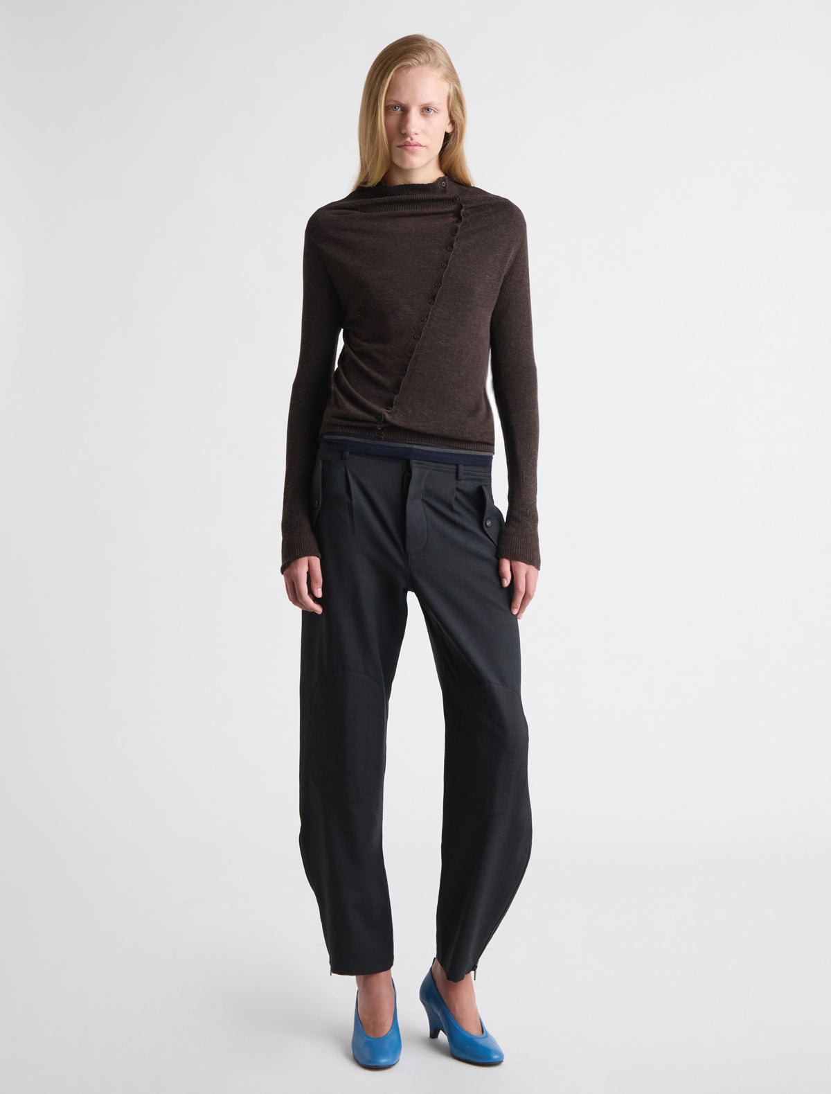 Igna buttoned sweater diagonal closure draped neckline brown