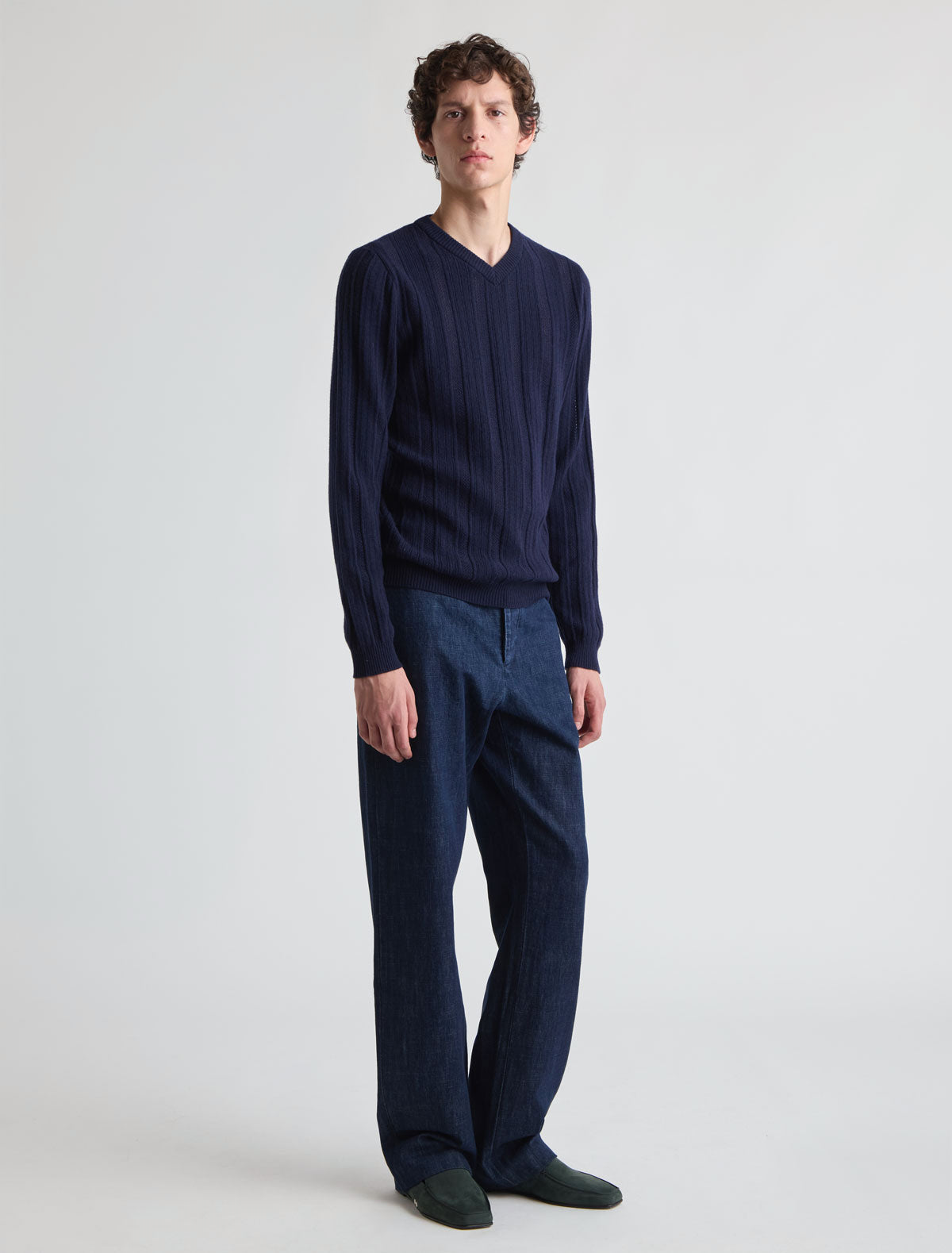 Clot b men s v neck knitted sweater openwork detailing ribbed texture navy