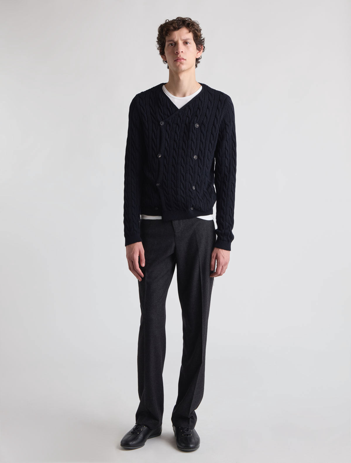 Lemur b cable knit mens sweater crossed front button closure navy