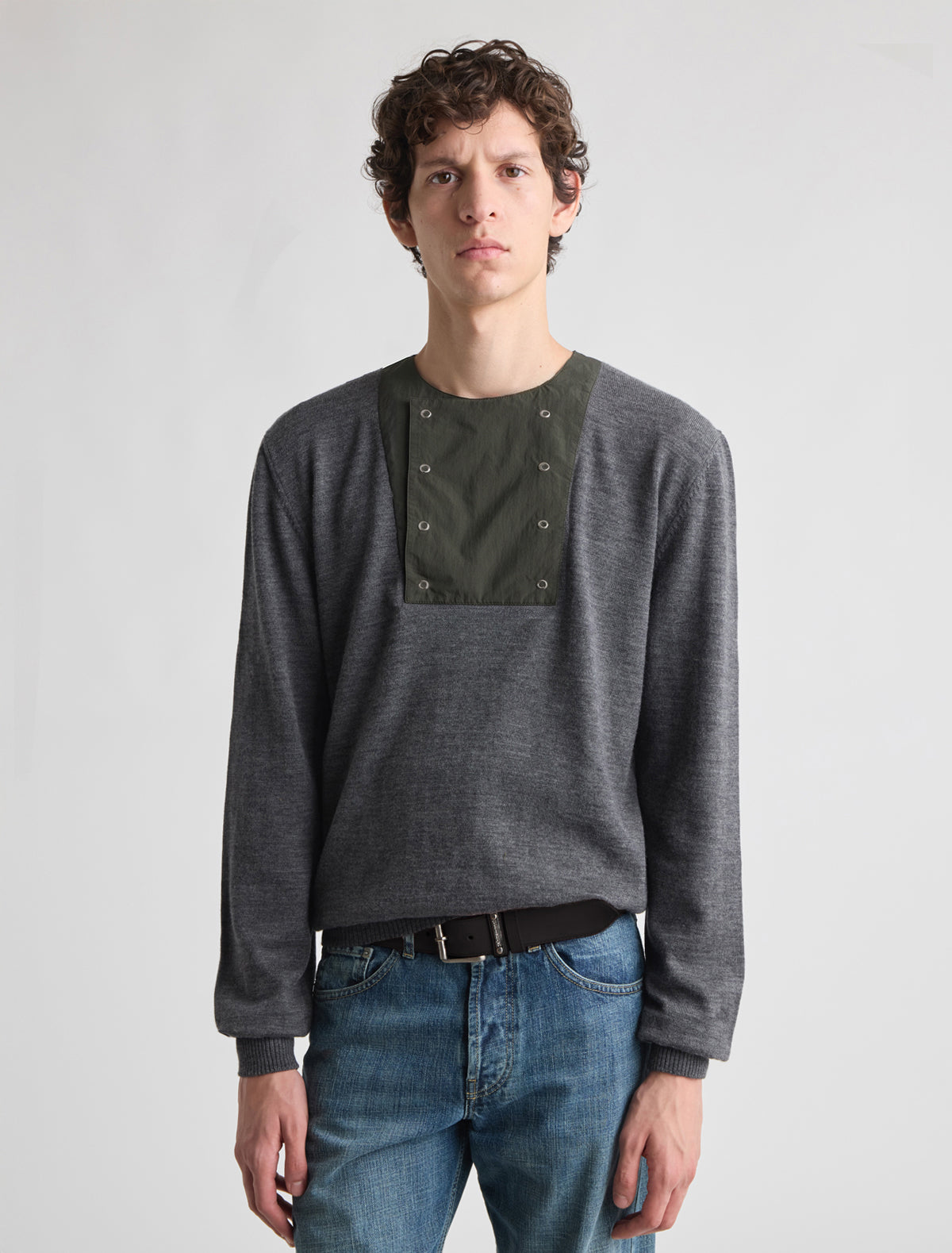 Simeone knitted sweater round neckline nylon bib panel grey