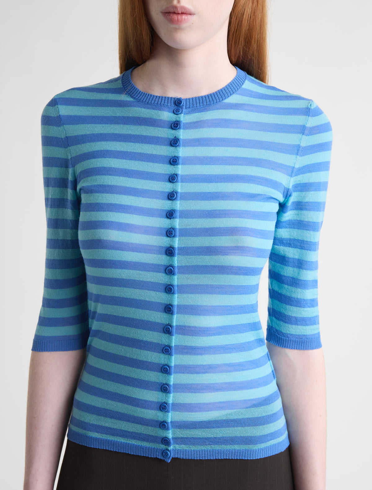 Balsam fitted striped cardigan button closure elbow length sleeves blue