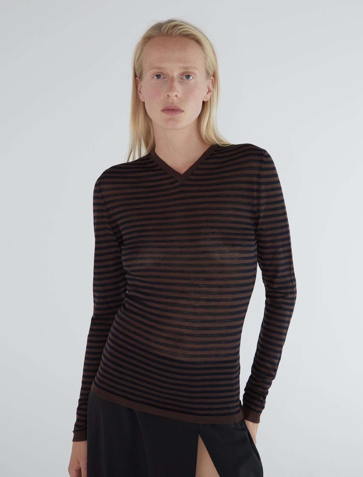 Iglu striped slightly sheer sweater darkbrown
