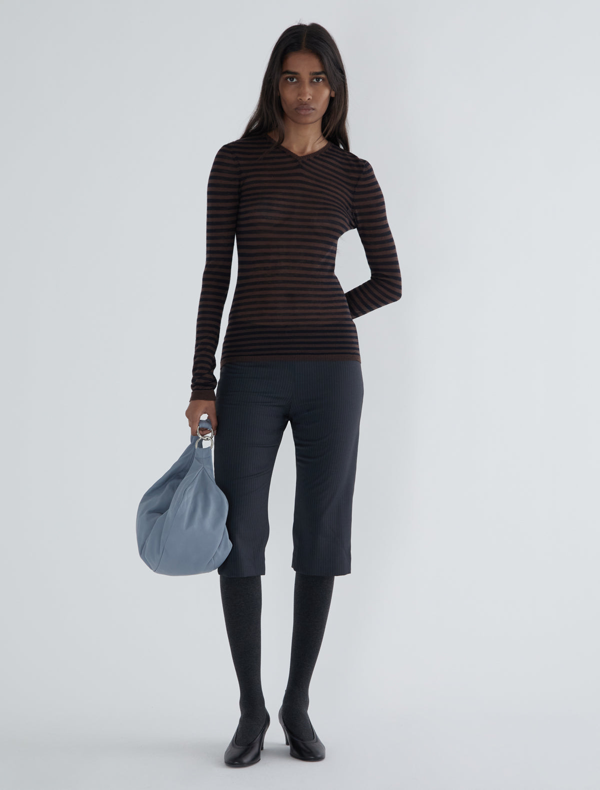 Iglu striped slightly sheer sweater darkbrown