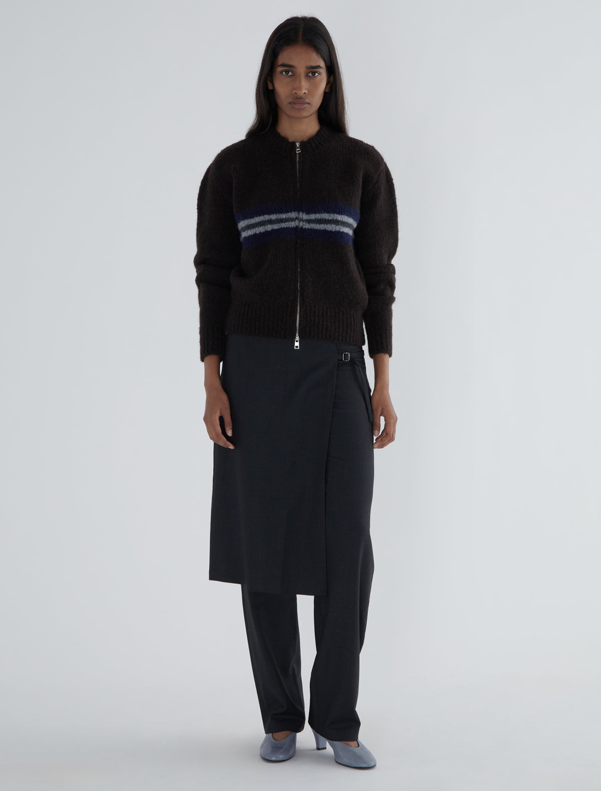 Penalti zip knitted cardigan striped panel brown