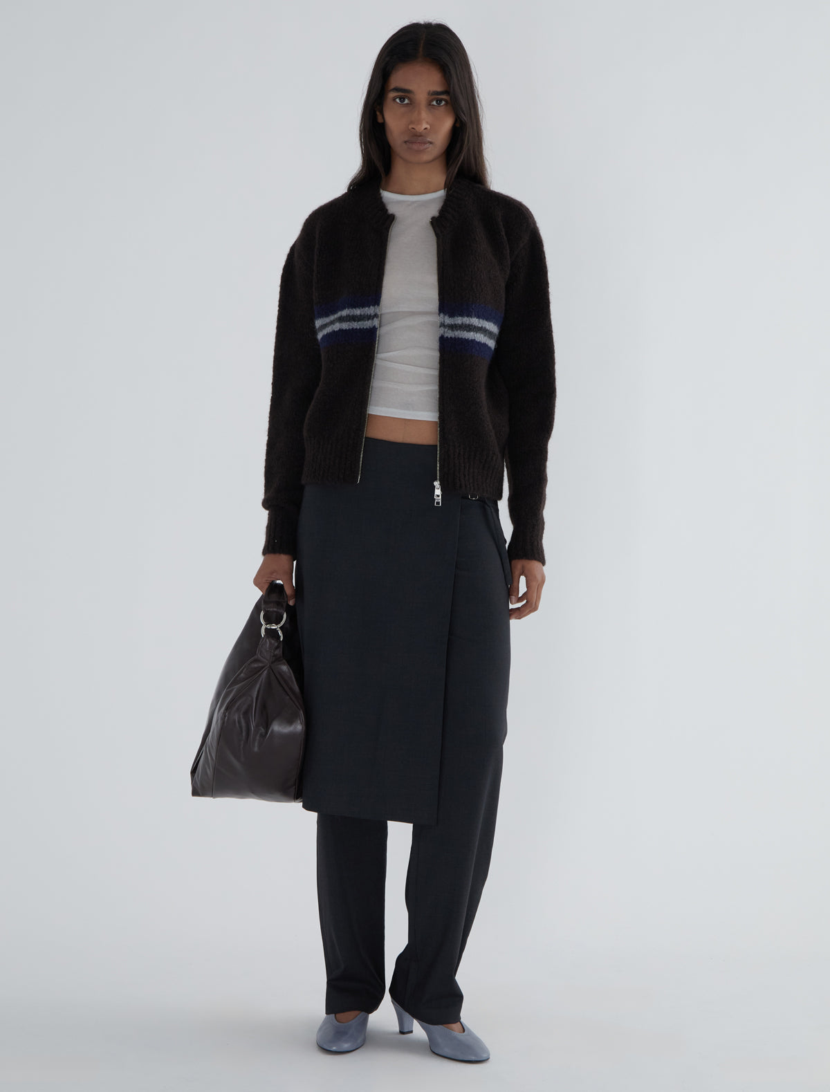 Penalti zip knitted cardigan striped panel brown