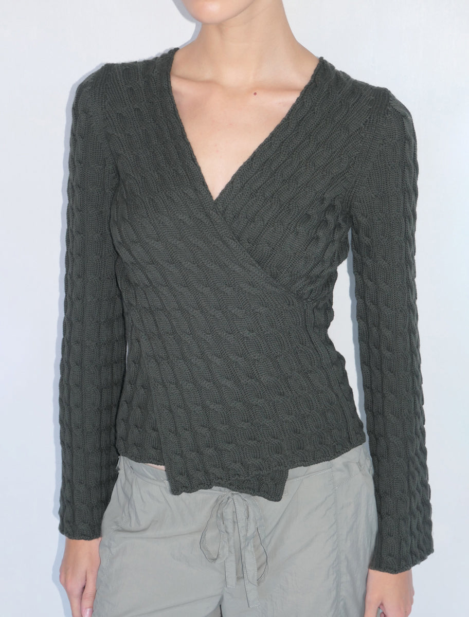 VALERIA-Green reversible long-sleeved knitted cross-chest top.