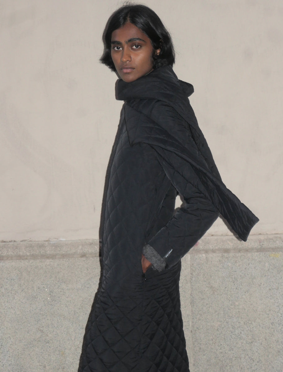 OTTER-black long padded puffer with a removable scarf and hood