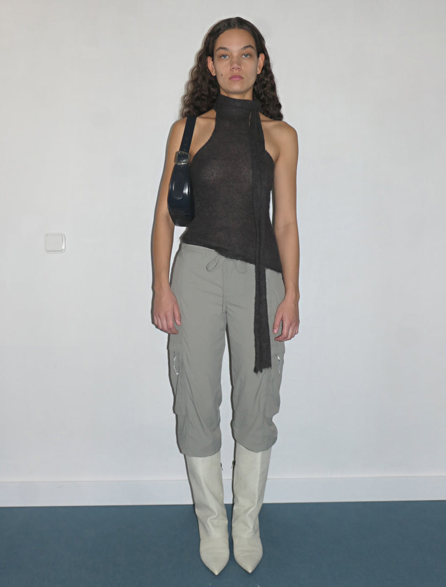 FEDRA-Grey delicate sleeveless knitted top with a scarf detail