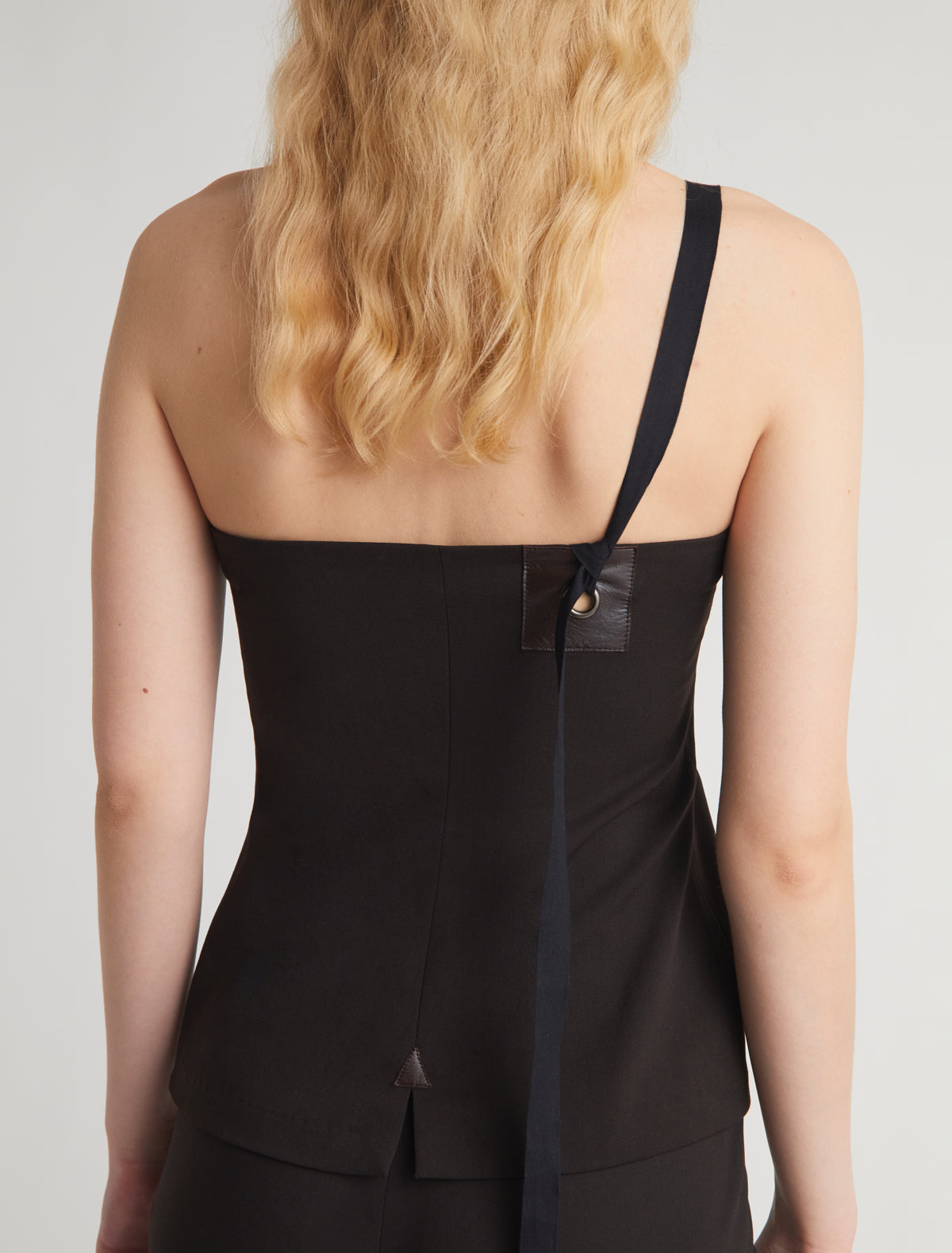 LALI-Dark brown bandeau top featuring a leather detail with an