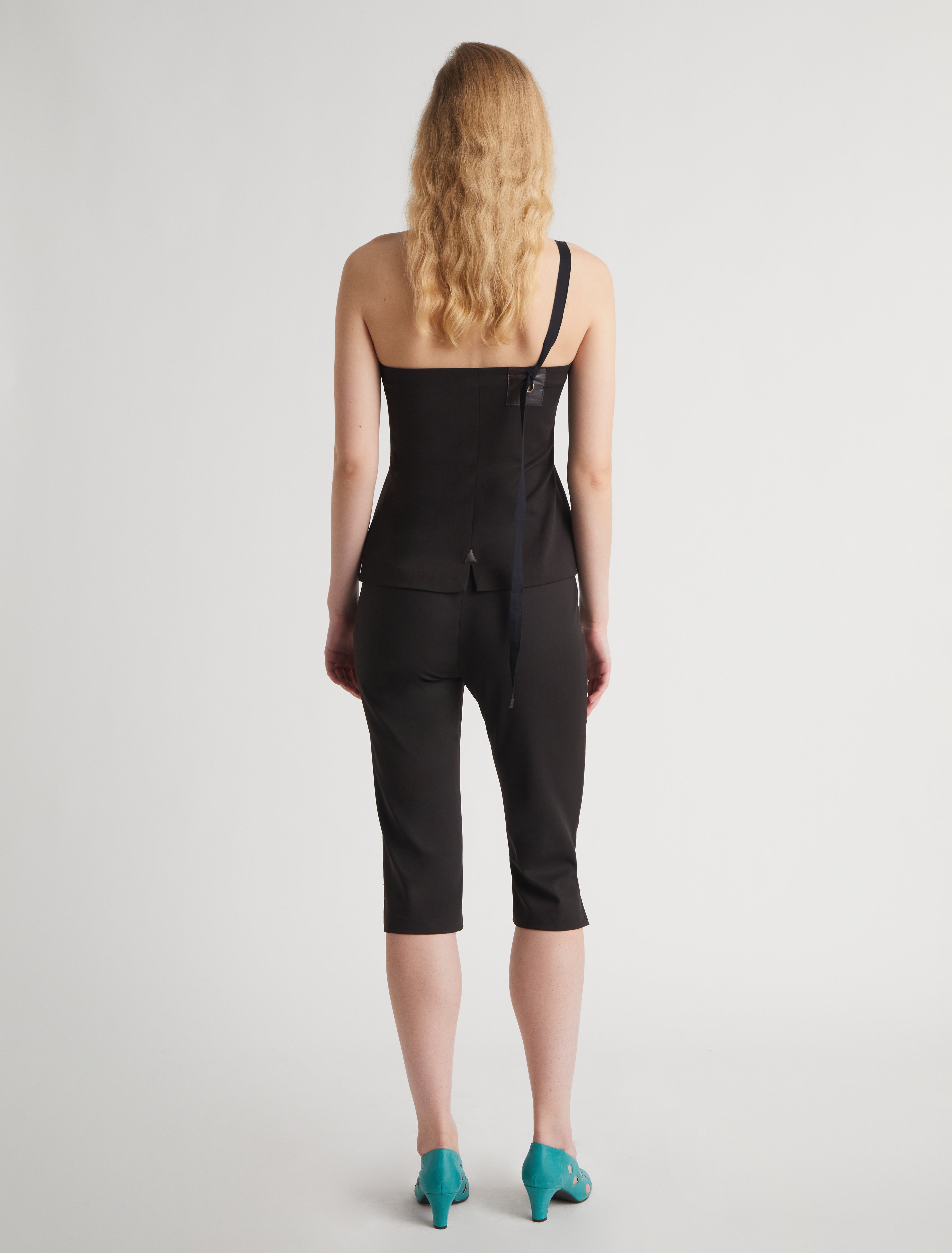 LALI-Dark brown bandeau top featuring a leather detail with an