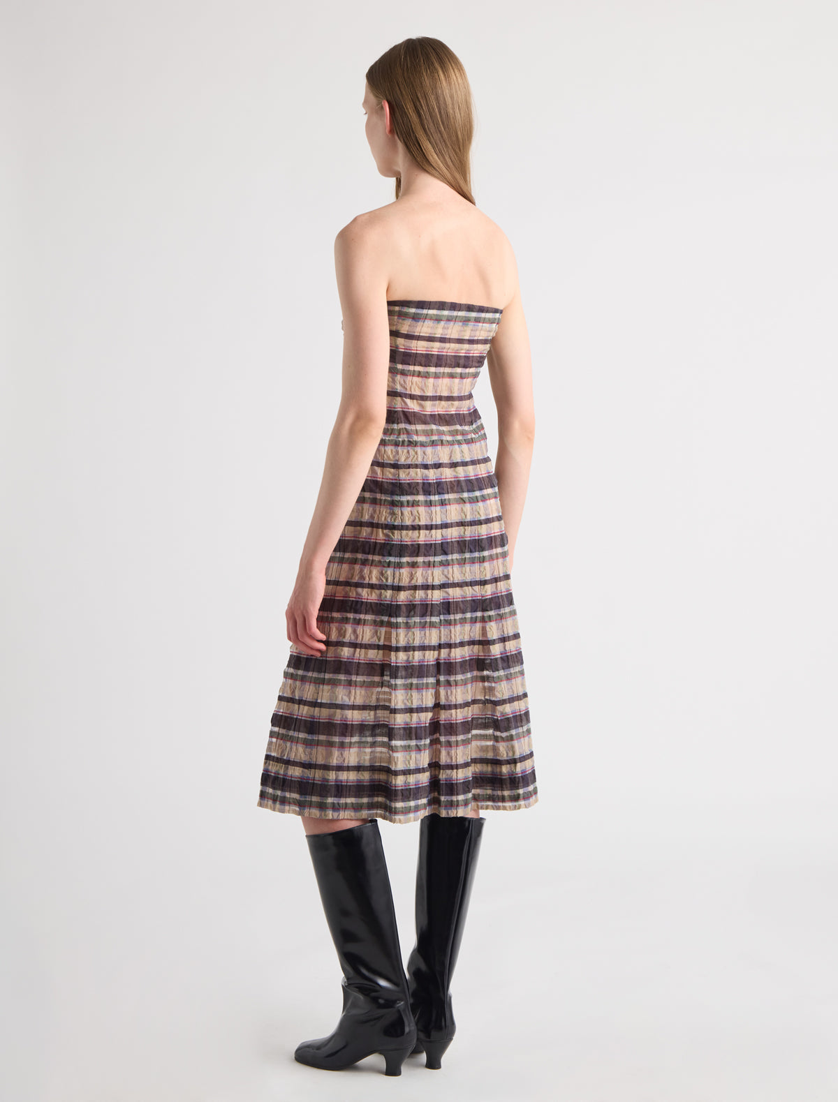 Lana strapless midi dress fitted bodice and pleated detailing hem beige