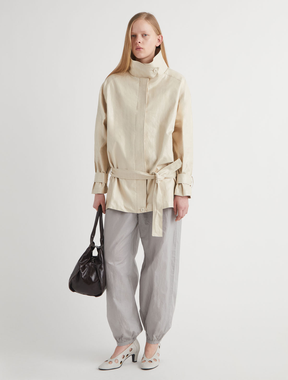 BOZA-Grey balloon-style pants made from fine cotton with a shiny