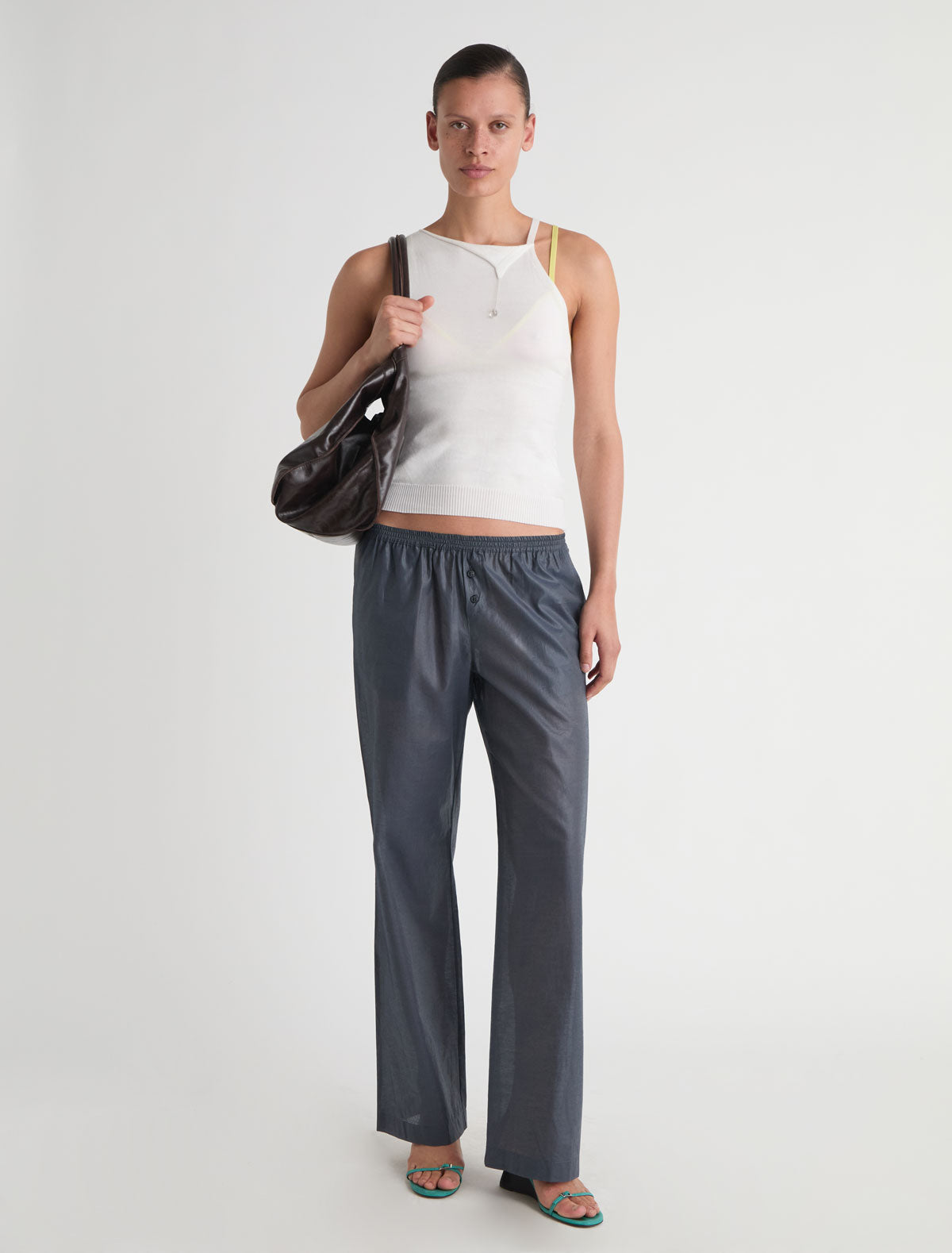 Limone wide leg pants elastic waistband small embroidered