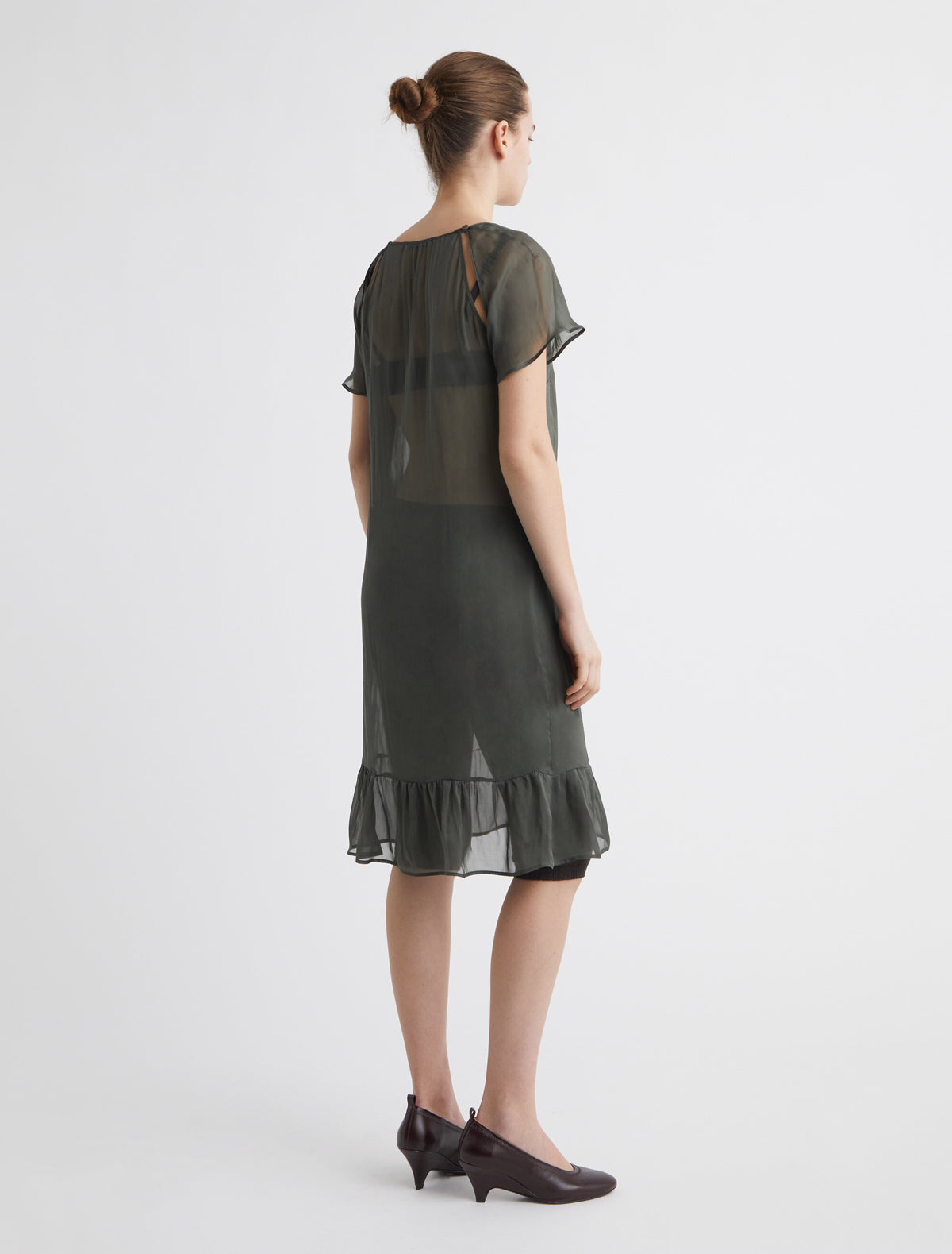 Lira dress midi dress short sleeves openings armholes ruffled hem darkgreen