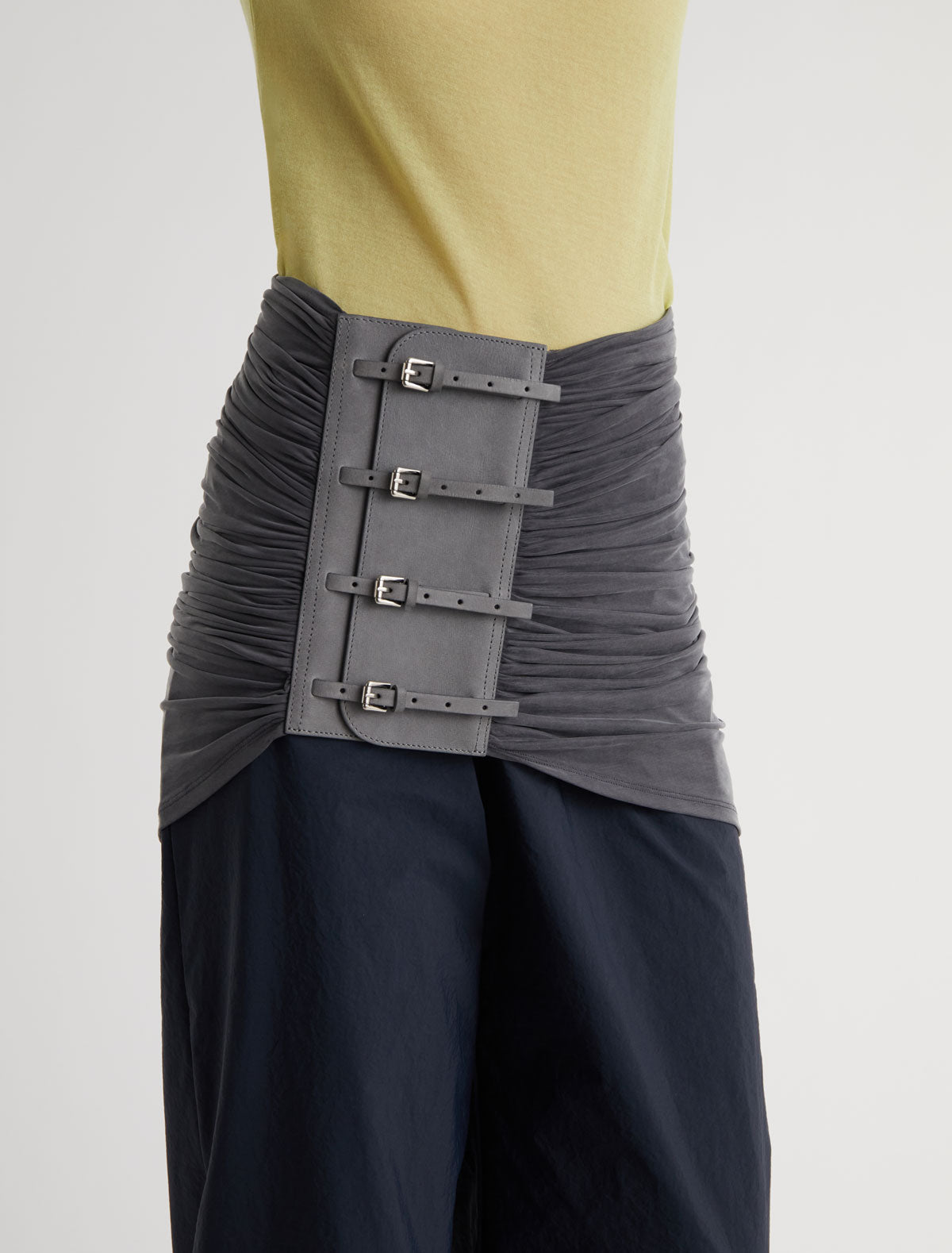Long adriana sash style belt gathered fabric panel leather part grey vigore