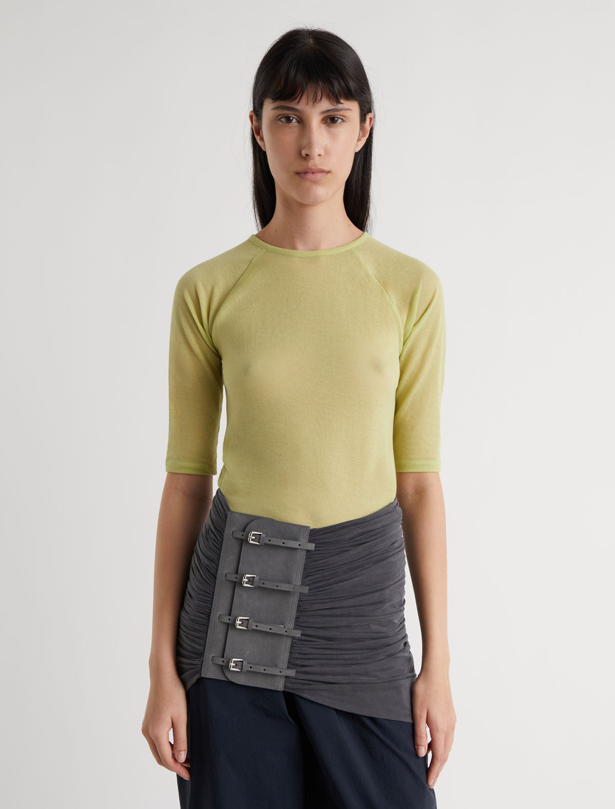 Long adriana sash style belt gathered fabric panel leather part grey vigore