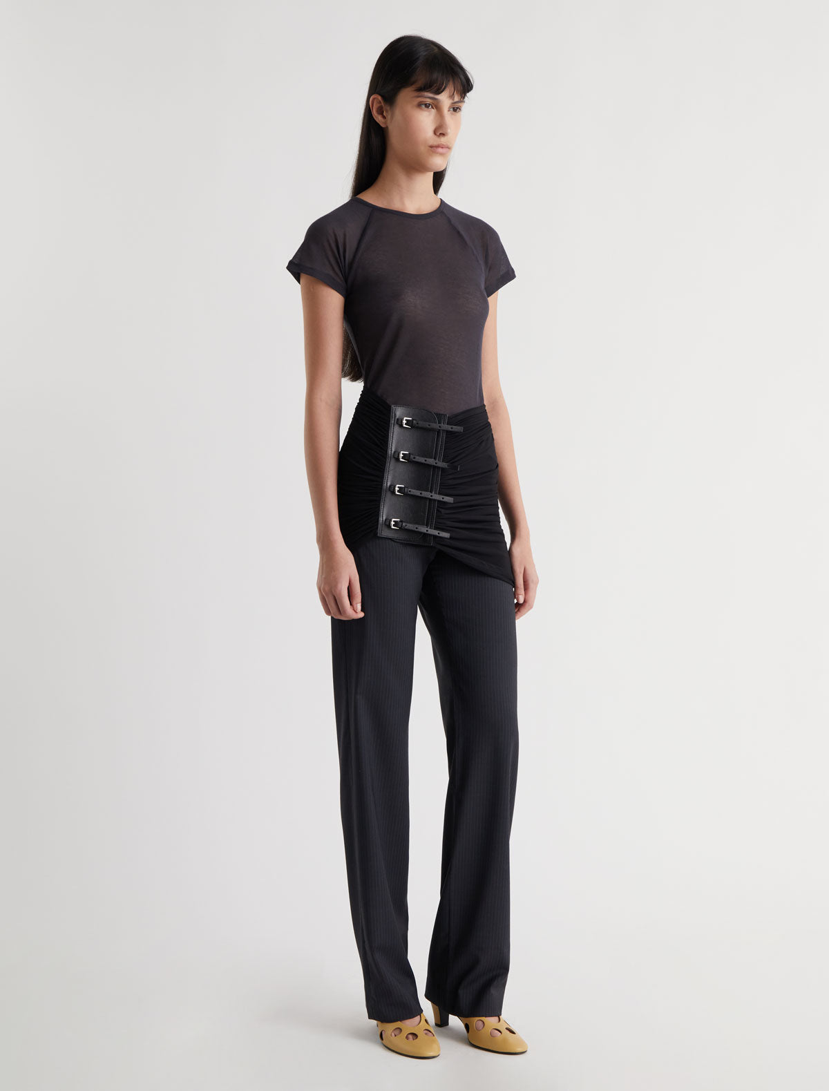 Long adriana sash style belt gathered fabric panel leather part black