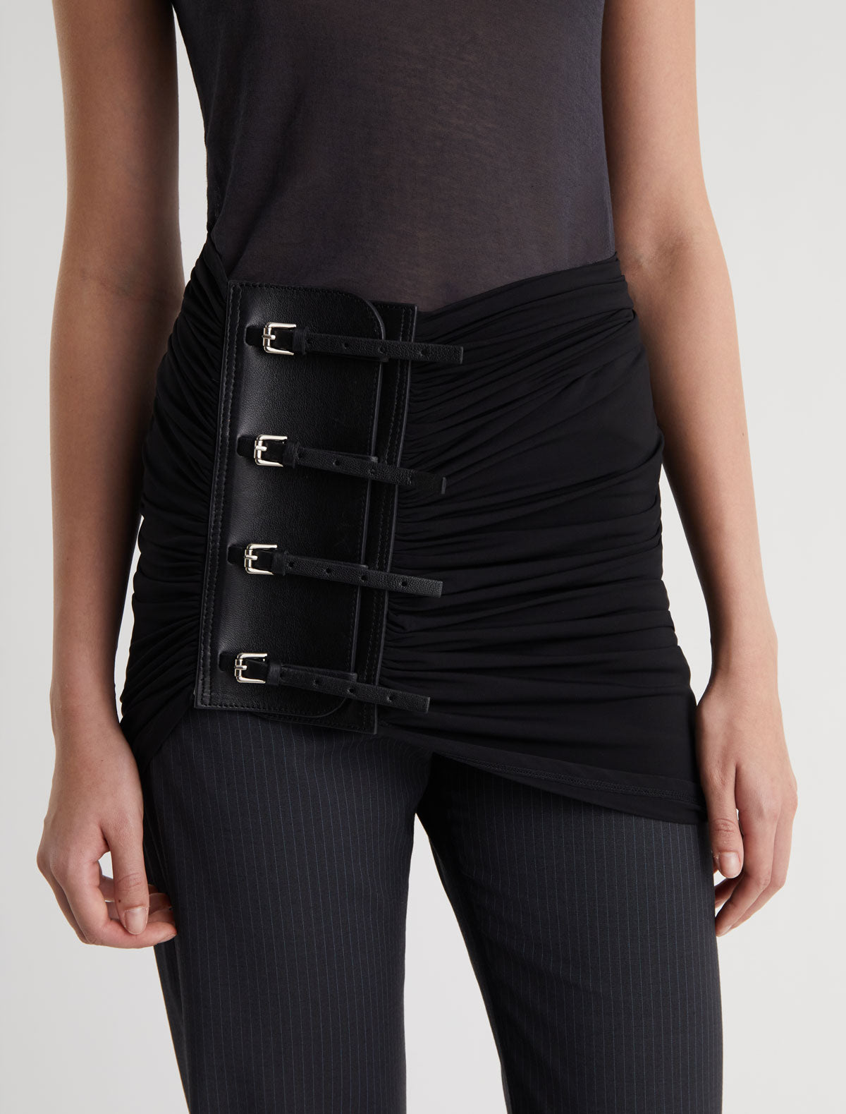 Long adriana sash style belt gathered fabric panel leather part black
