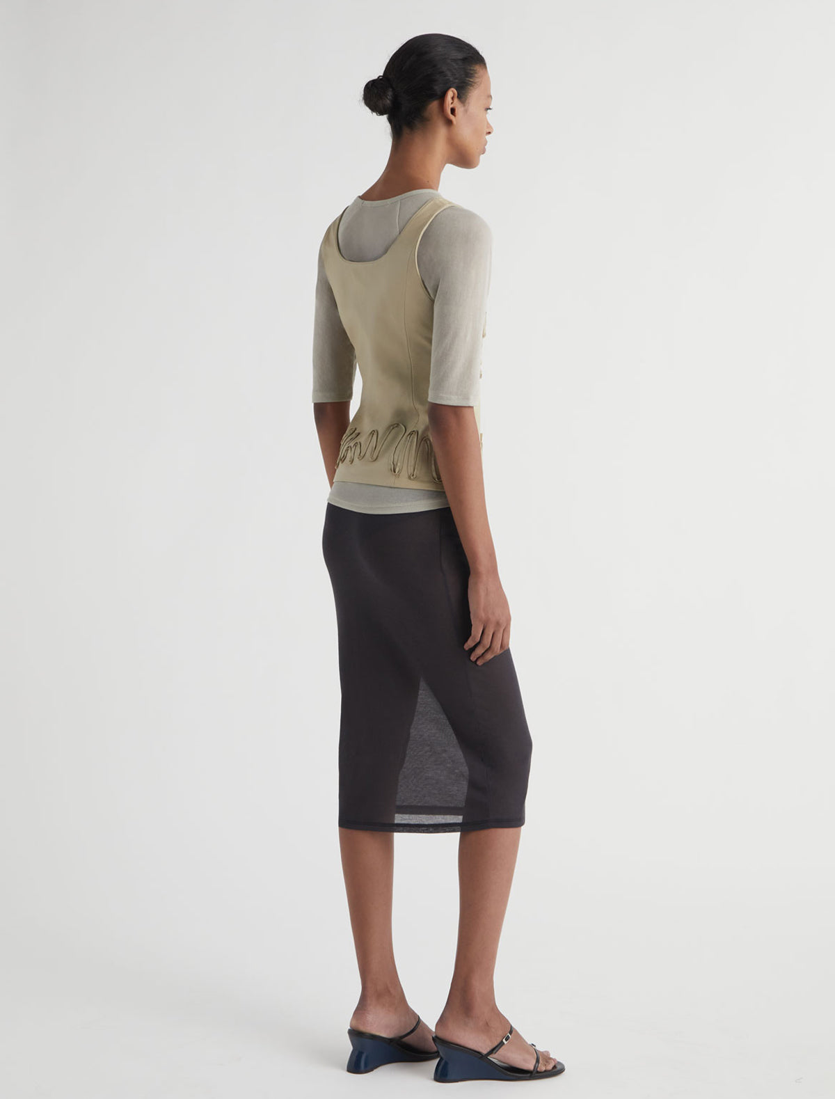 LONG TINA-Dark grey midi skirt with strap detailing along the top