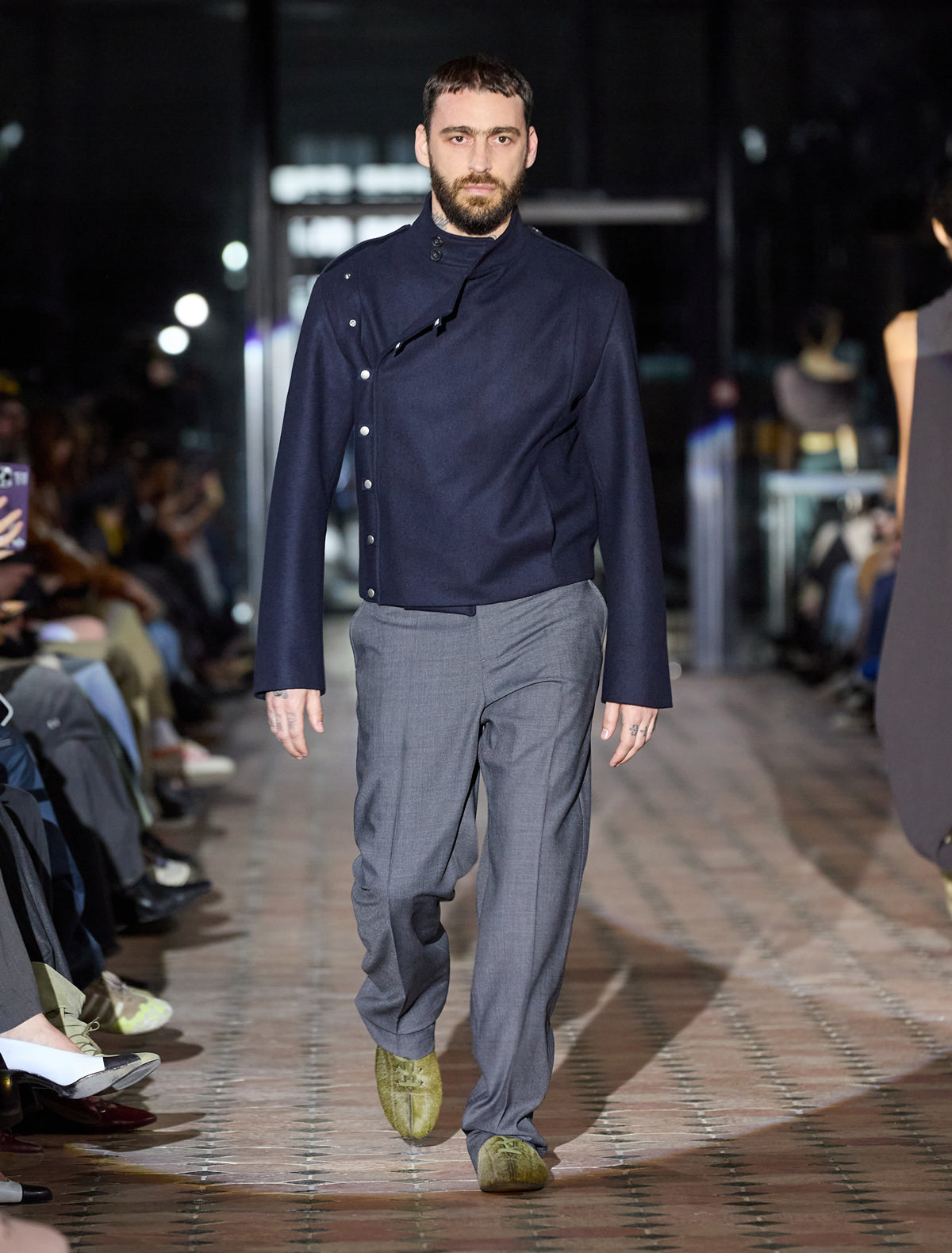 Galdana men wool jacket front crossover snap button tabs