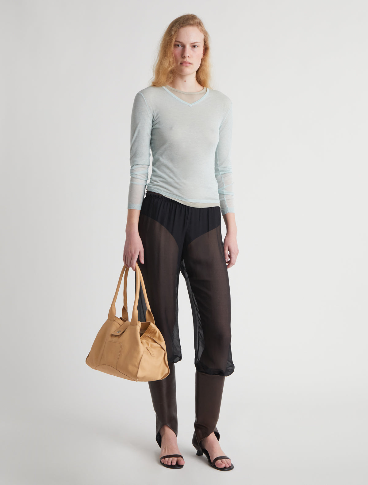 LOSA - Light blue long-sleeve sheer sweater with a V-neck – paloma