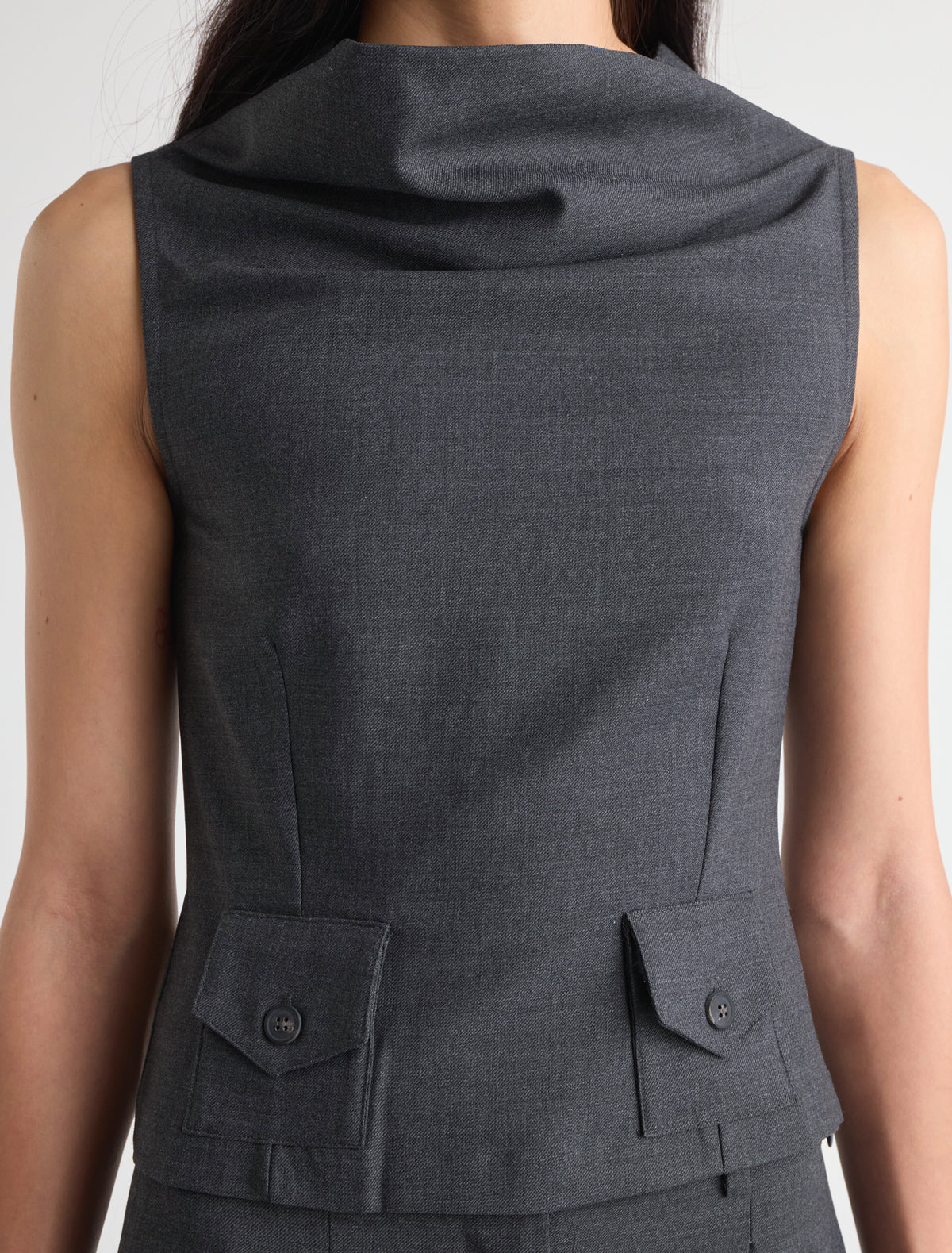 Luisa tailored top high draped neckline two front belt loop style grey