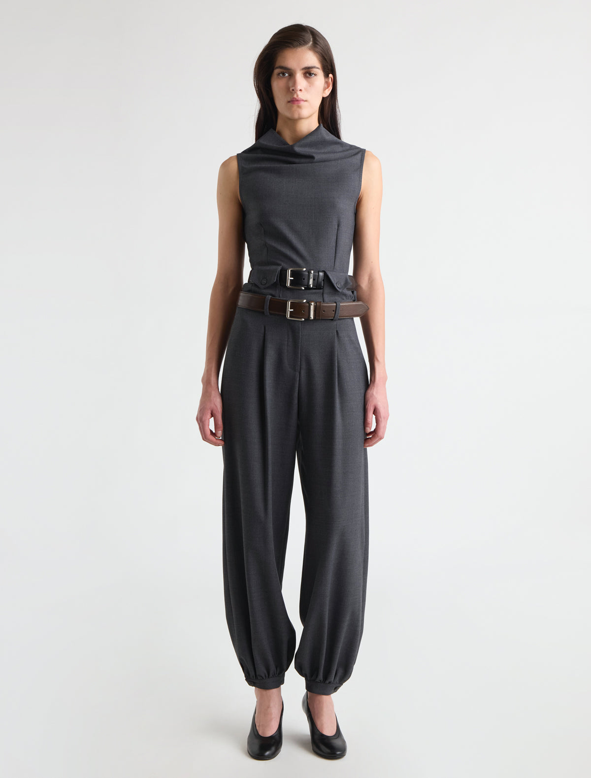 Luisa tailored top high draped neckline two front belt loop style grey