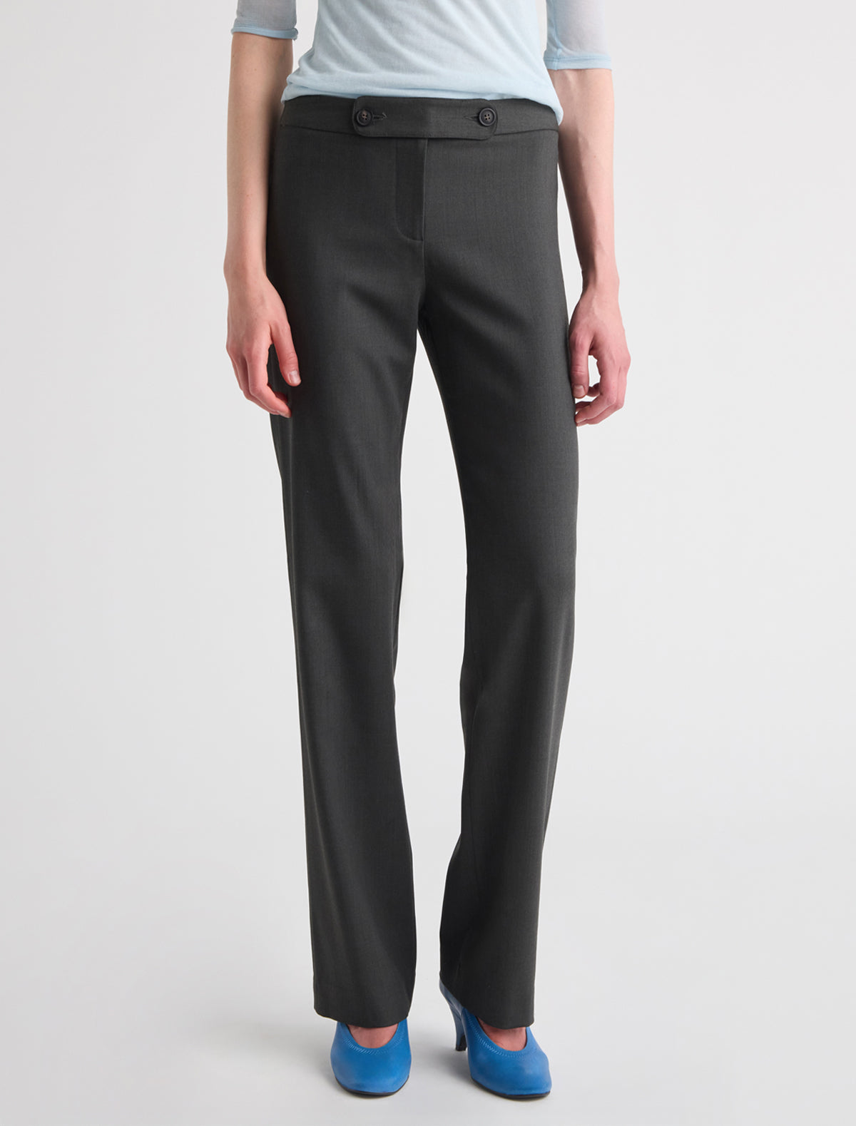 Manila straight leg trousers waistband detail contrast grosgrain tape