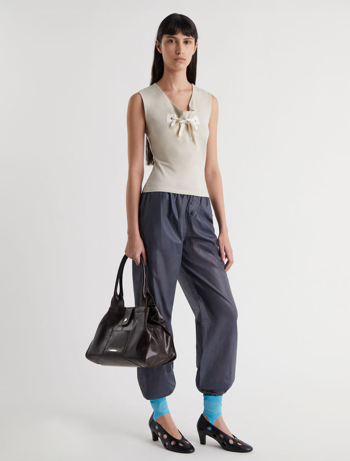 Manir sleeveless top chest patch eyelet adjustable strap ecru