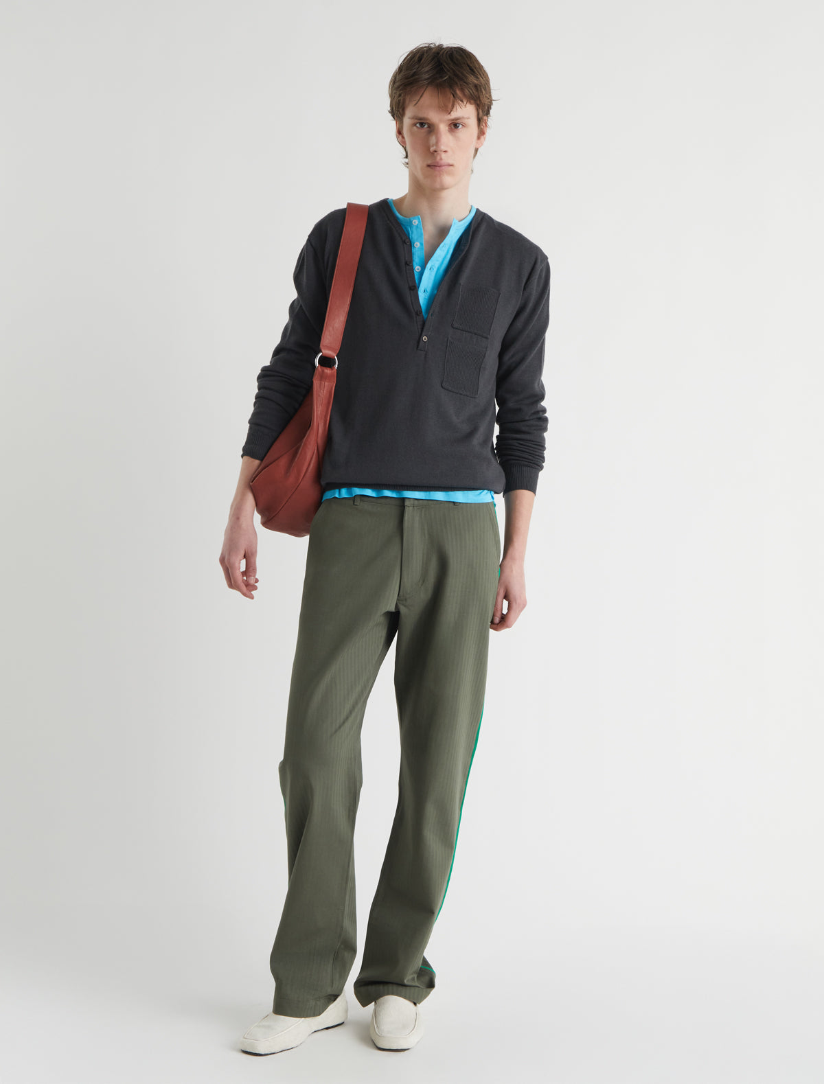 MARIO-V-neck wool sweater with a front placket and pocket