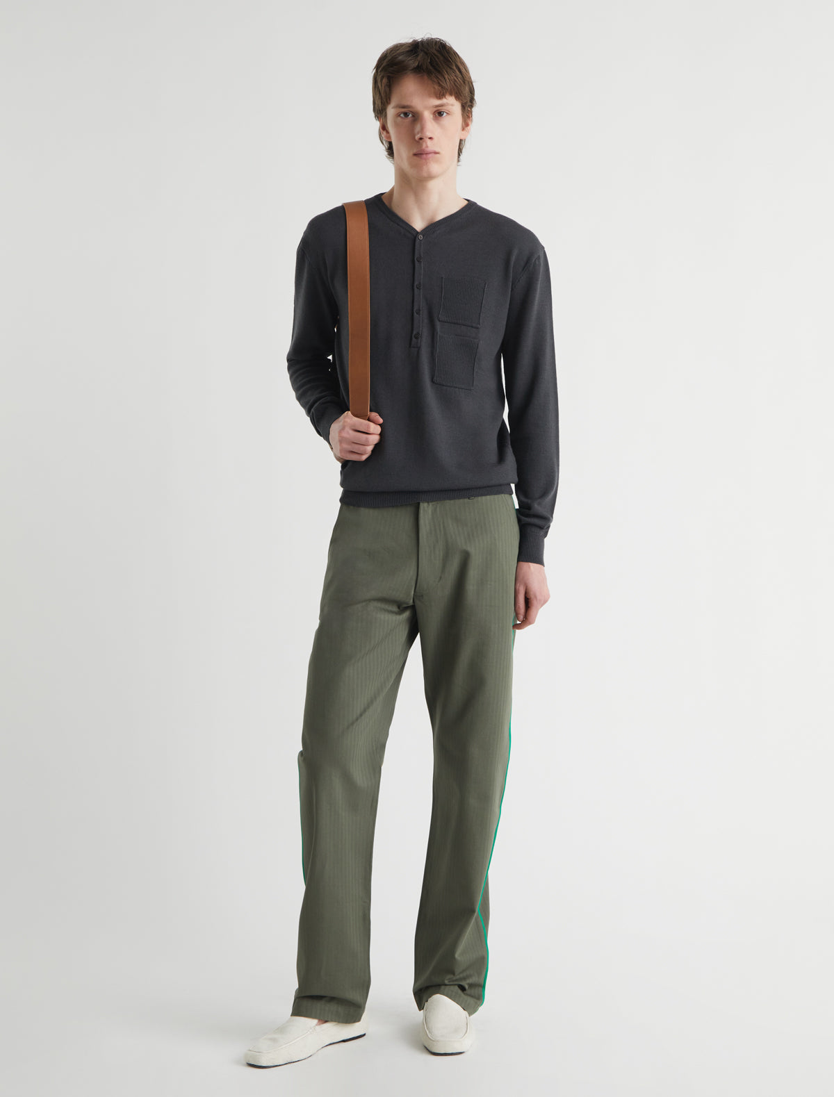 Mario v neck wool sweater front placket pocket detailing