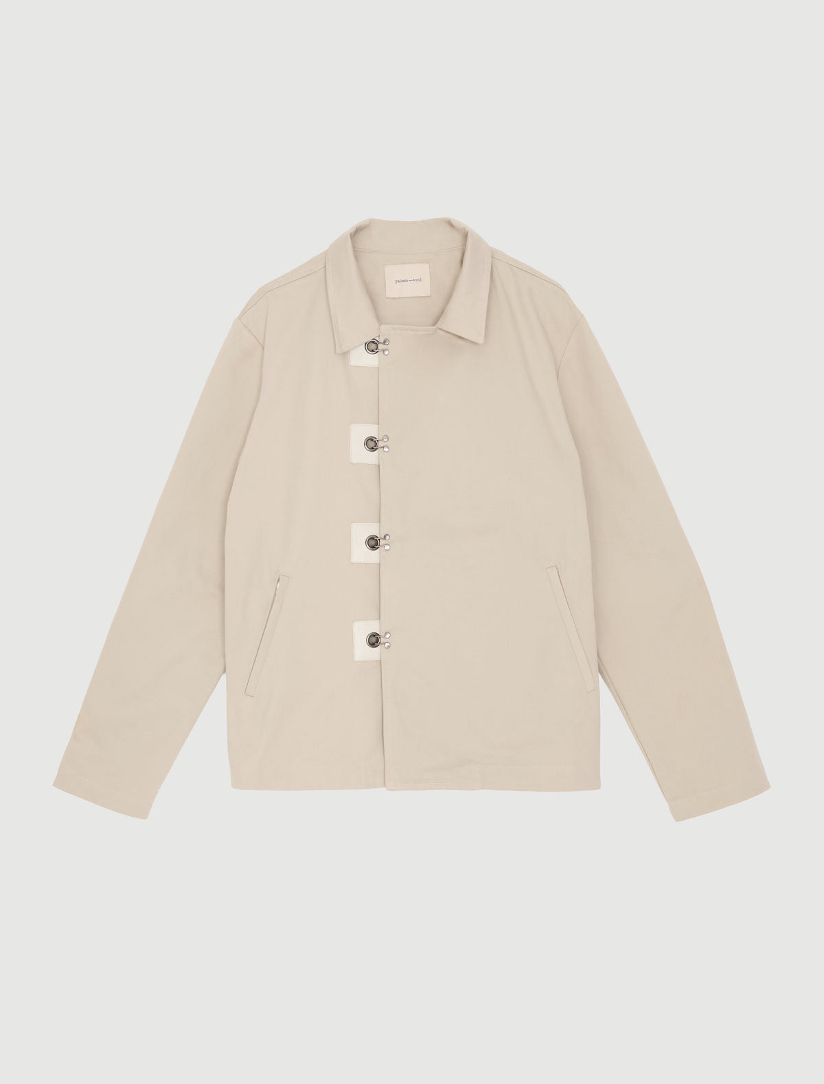 Maxim twill jacket four hook and eye closures leather detailing