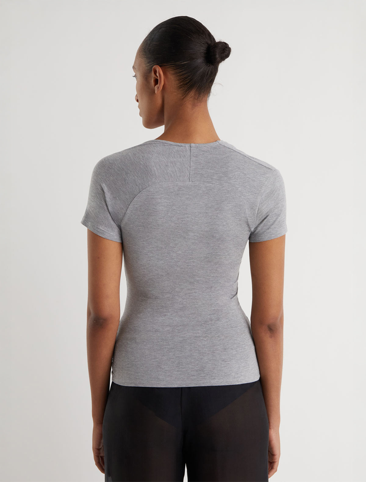 MIRE-Grey short-sleeve top with a draped neckline and a hook-and