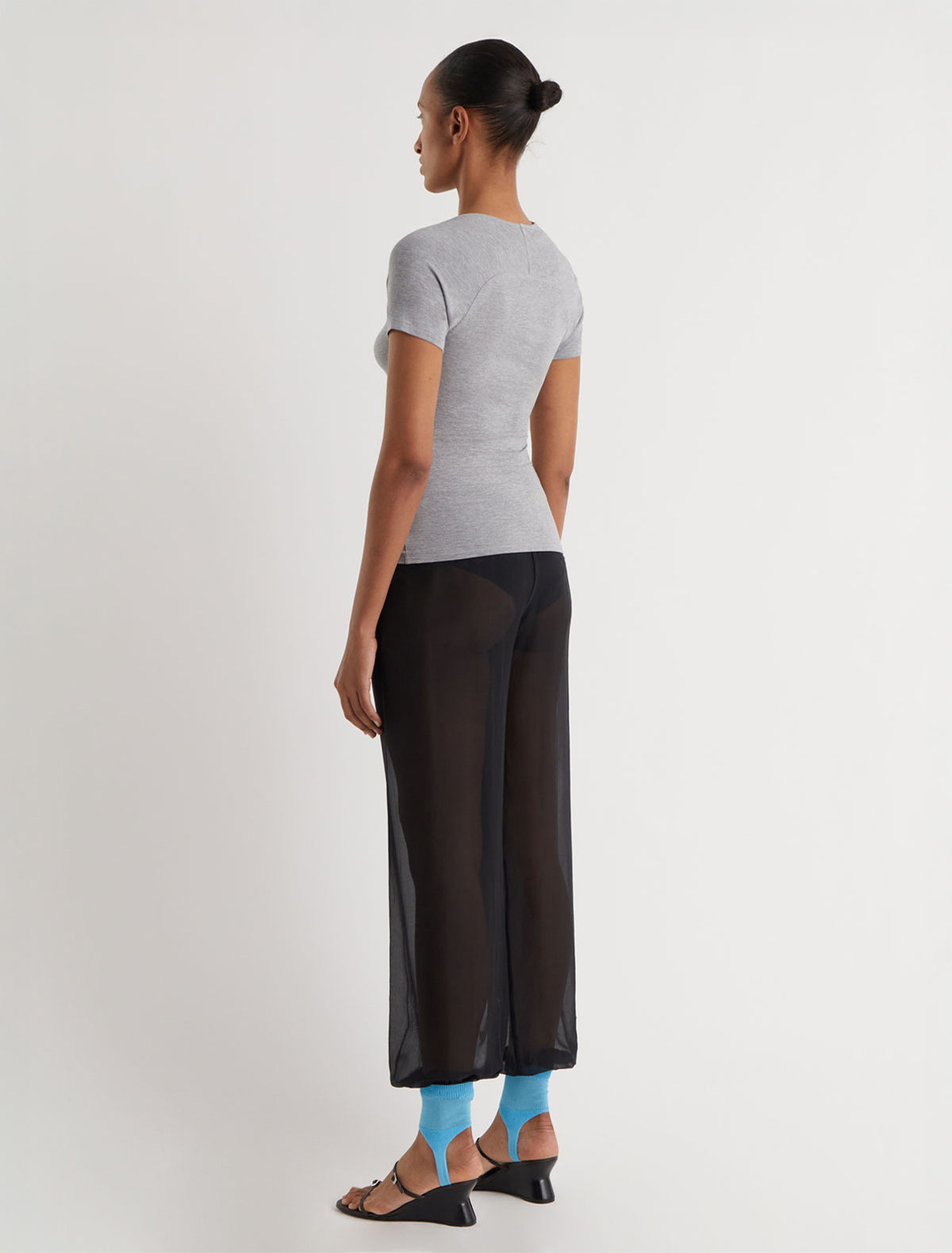MIRE-Grey short-sleeve top with a draped neckline and a hook-and