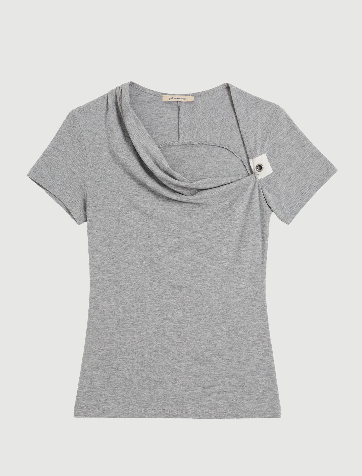 itimi トップス　loosesmell palomawool shury MIRE-Grey short-sleeve top with a draped neckline and a hook-and