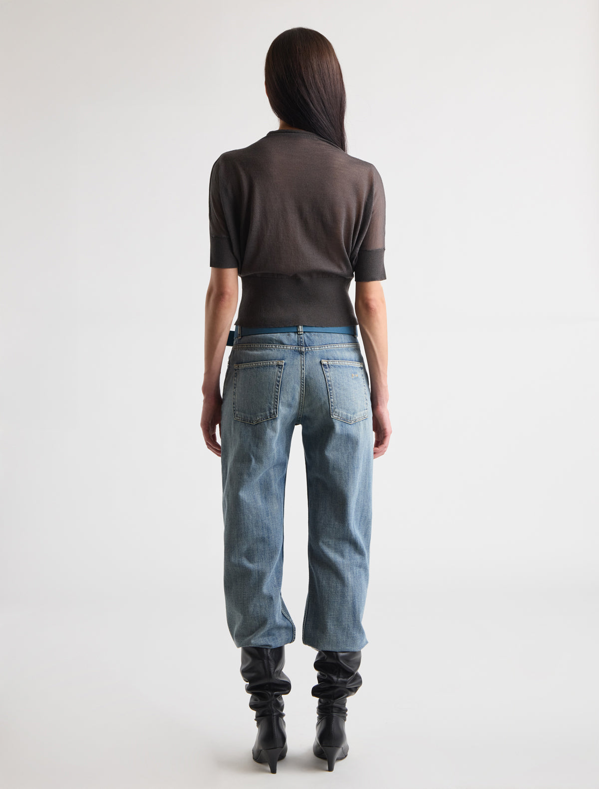 Mura oversized short sleeve knitted top draped funnel neck ribbed hem grey